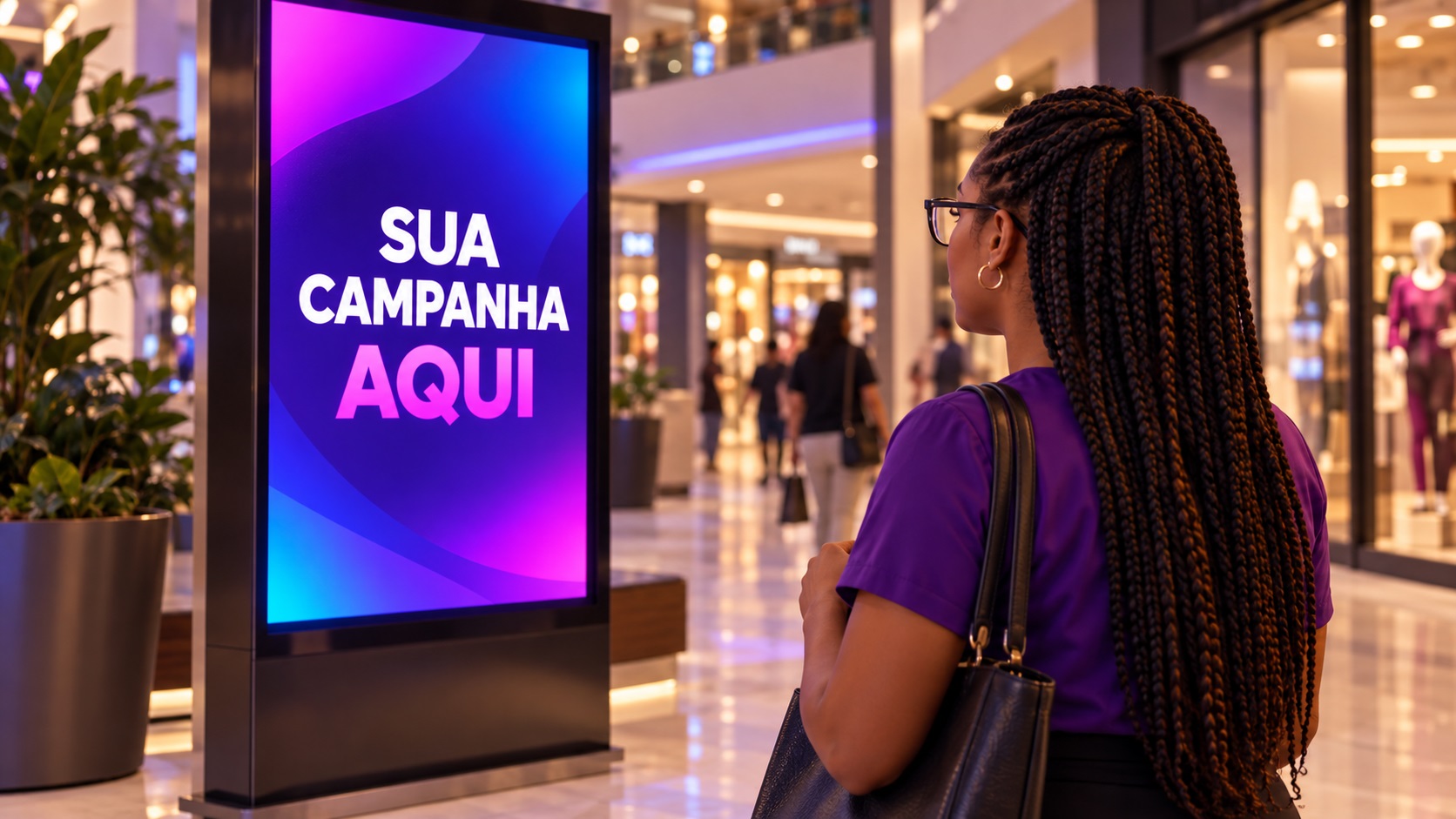 Campanha de empresa local exibida em telas digitais